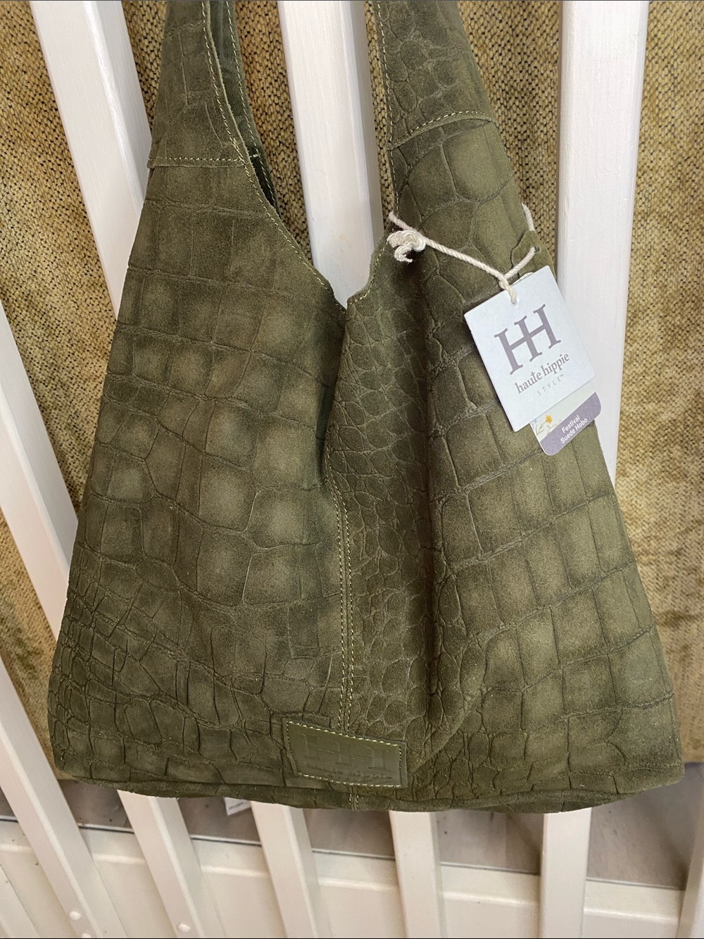 NWT! Haute Hippie Genuine Suede Olive Green Slouchy Hobo w/ Detachable Small Bag - Picture 3 of 9